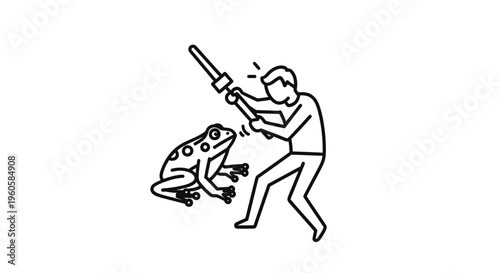 Stylized line art capturing a human figure poised to strike an unsuspecting amphibian creature