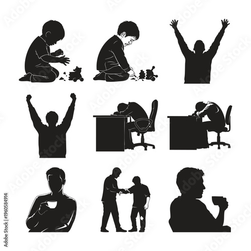 Child and man silhouette set bundle featuring play work and sadness