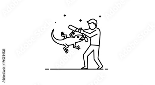 Man engaging with a reptile using common tools, illustrating a wildlife interaction scenario icon
