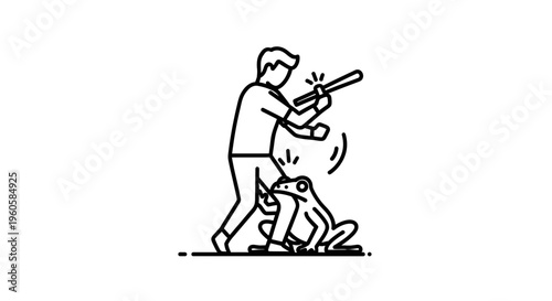 Minimalistic illustration of a person threatening a frog with a stick, depicting aggression