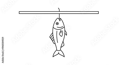 Captivating monochrome depiction of a fish suspended by a hook from a straight bar graphic