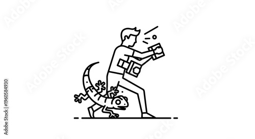 Dynamic wildlife photographer with camera and flash capturing a curious gecko in nature