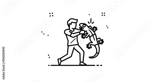 Man grappling with a lizard, an intense interaction between human and creature depicted in line art