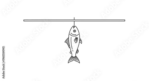 A minimalist line art illustration portraying a freshly caught fish suspended from a simple