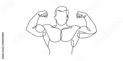 Single continuous line drawing of young muscular model man bodybuilder posing elegantly. Fitness gym logo. Trendy one line draw design vector illustration for budybuilding icon and symbol template