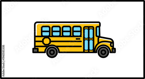 Traditional yellow school bus vector illustration with blue windows and a clear black outline