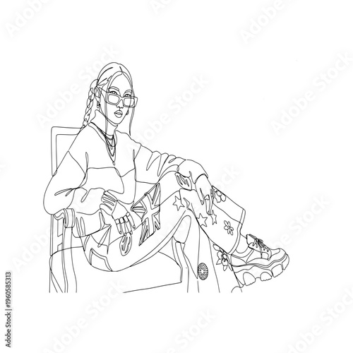 continuous line art of a trendy woman with braids and sunglasses sitting confidently in a chair wearing a stylish streetwear outfit