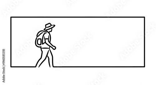 Minimalist line art illustration of a lone explorer with a backpack embarking on an adventurous
