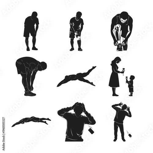 Man silhouette set bundle swimming stretching and life moment scenes