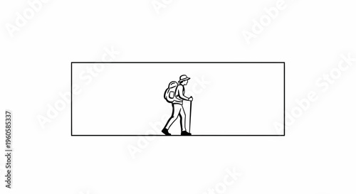 Clean line art graphic of a solitary hiker with backpack and walking stick on a journey