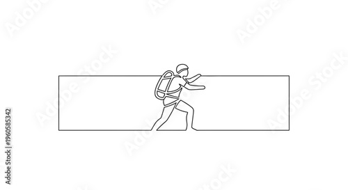 Minimalist continuous line art of an outdoor adventurer with climbing gear conquering a