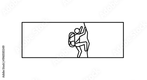Minimalist icon portraying a determined individual engaging in mountain ascent, carrying essential