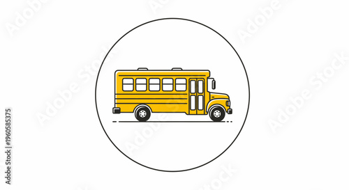 Vibrant yellow school bus illustration in a sleek circular frame for educational transport concepts