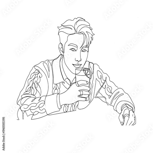 continuous line art of a handsome young man with stylish hair holding a glass of juice or cocktail in a cafe.