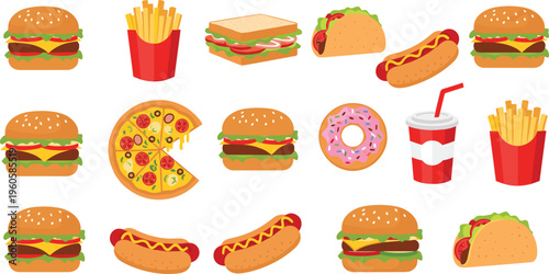 Fast food collection with burgers fries pizza hot dog donut taco and soda cartoon vector illustration set