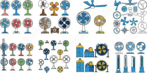 Electric fans collection with different types of cooling devices industrial and home ventilation equipment vector illustration set
