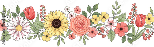 Floral bouquet border with roses sunflowers tulips and wildflowers decorative botanical arrangement vector illustration design