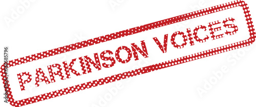 A vibrant red rubber stamp featuring the important message Parkinson Voices creating awareness and support