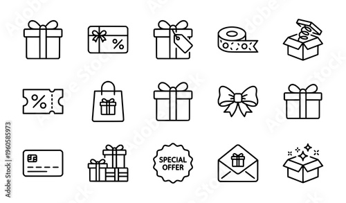 Gift and present line icon set with ribbon gift box voucher and offer symbols for shopping and celebration design