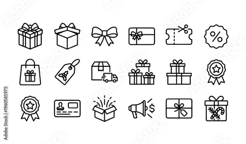 Horizontal gift and present outline icons with ribbon voucher shopping and celebration symbols for web design