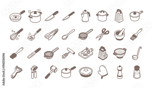 Collection of kitchen utensils and cookware.