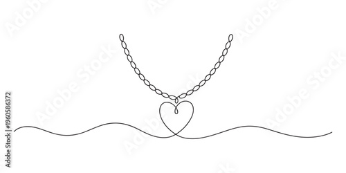 Continuous line drawing. Necklace with heart. Black isolated on white background. Hand drawn vector illustration.