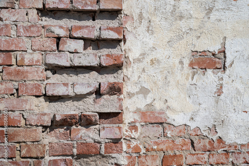 old bricklayer with peeling cement wall,  cracked stonewall with white concrete and brocken bricks, sunny day and no people 