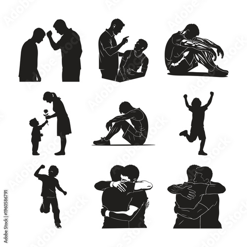 Silhouette set bundle of people expressing sadness and joy together