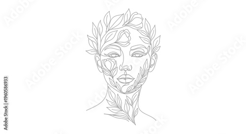Abstract Line Art Face with Floral Elements, Minimalist Woman Portrait