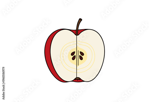 A simple and clean illustration of a cross-section of a red apple, showcasing its seeds and flesh in detail