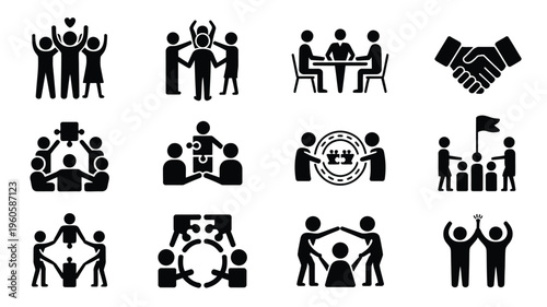 Black silhouette teamwork logo bundle with 12 icons featuring people in various collaborative poses and gestures on white background