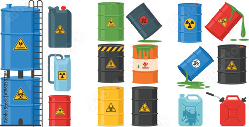 Hazardous chemical barrels and containers toxic waste biohazard industrial drums vector illustration set