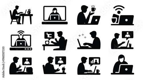 Remote work silhouettes people working on laptops and computers online communication icons business and technology concepts modern workspace illustrations