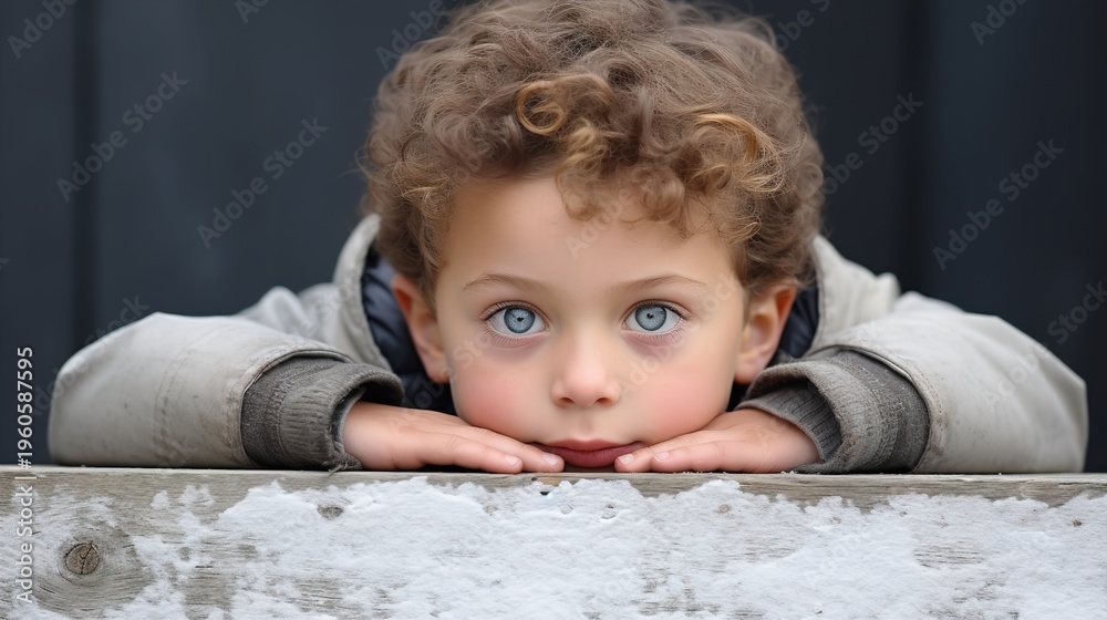 Fototapeta premium Curious Young Boy with Blue Eyes Peeking Over a Snowy Surface