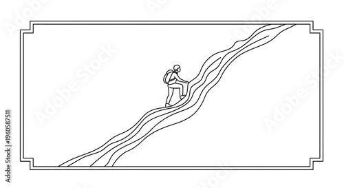 Minimalist line art illustration of a determined person ascending a winding path toward a goal,
