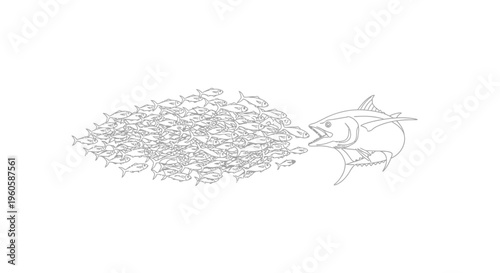 Dynamic oceanic predation scene showcasing a large tuna pursuing a vibrant school of smaller fish