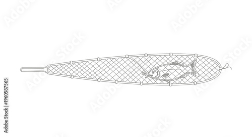 A stylized monochrome illustration of a freshly caught fish held securely within a keepnet
