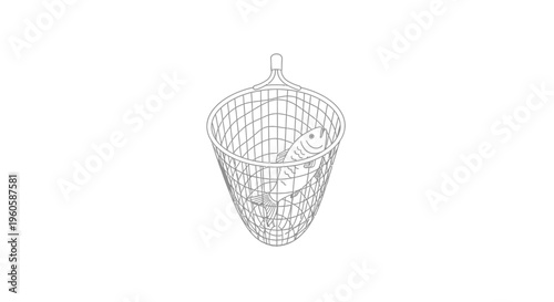 Isometric line art illustration of a freshly caught fish inside a landing net ready for the