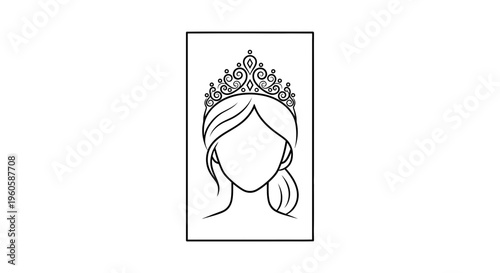 Elegant ornate royal tiara adorning graceful female silhouette line art vector illustration for