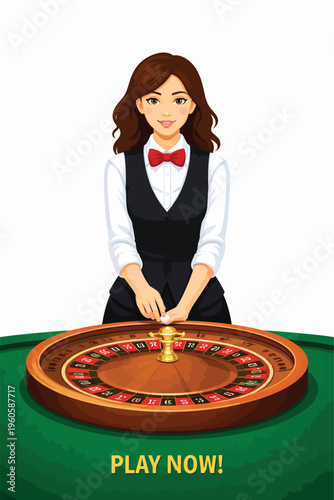 076-06-Croupier spinning roulette wheel, offering casino gambling and betting entertainment
