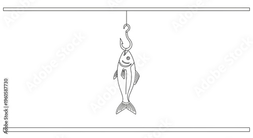 Minimalist monochrome line art illustration of a freshly caught fish hanging from a sharp hook