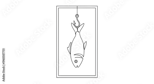Elegant monochrome line illustration depicting a solitary fish caught on an angling device