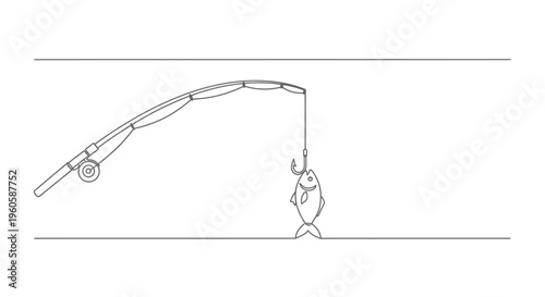 Elegant continuous line drawing of a fishing rod with a fish caught on the hook illustrating