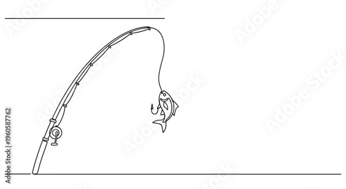 Continuous line art illustration of a fishing rod with a hooked fish, representing the thrill of a