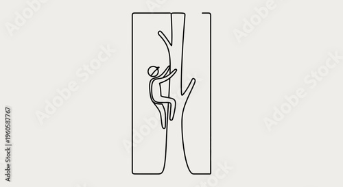 A captivating minimalist line art illustration portraying a person ascending a majestic tree trunk