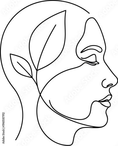 Minimalist continuous line art drawing depicting a human head profile interwoven with a delicate growing plant sprout.