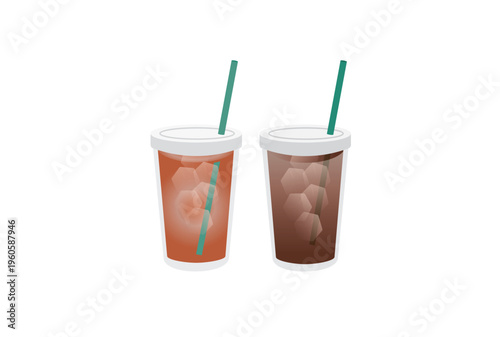 プラスチックカップに入ったアイスコーヒーとアイスティーのシンプルなイラスト