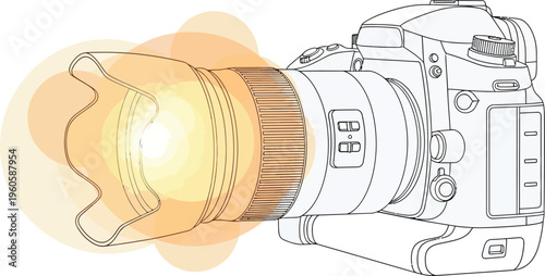 Line art illustration of a digital single lens reflex camera featuring a bright lens flare effect
