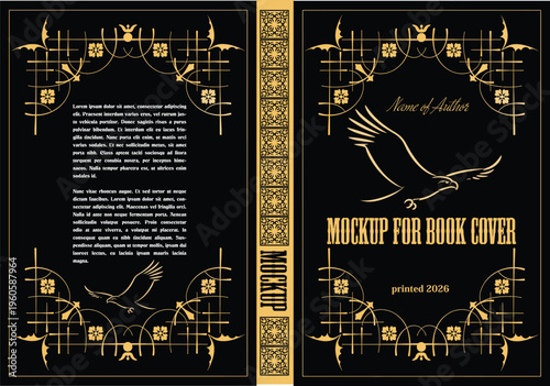 076-09-Ornate golden eagle design on a vintage style book cover mockup template for publishing