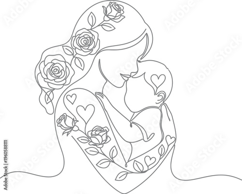 Continuous line art illustration of a loving mother gently embracing her baby, adorned with delicate roses and hearts symbolizing maternal love and affection.